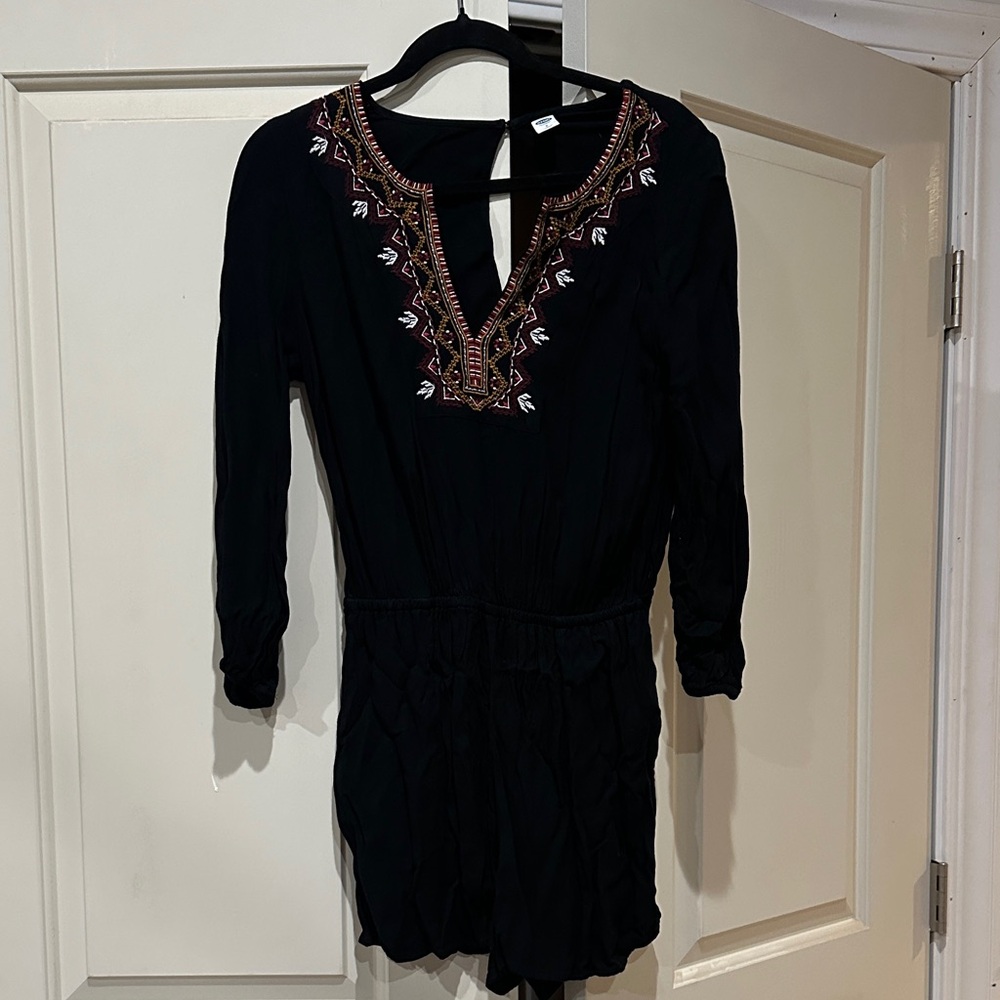 Black Embroidered V-Neck Romper